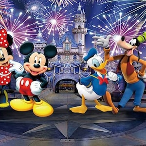 Kasteel Achtergrond Nacht Vuurwerk Fotografie Achtergrond Cartoon Mickey Club Achtergrond Banner voor Kinderen Verjaardagsfeestje Pasgeboren Douche Booth Props