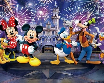 Castle Backdrop Night Firework Photography Backdrop Cartoon Mickey Club Backdrop Banner for Kids Birthday Party Newborn Shower Booth Props