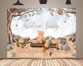 Willkommen Baby Winnie Puuh Geburtstag Backdrop: Bär 1.Banner Babyparty Fotostand