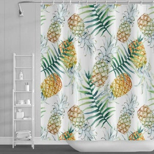 Pineapple Shower Curtain Tropical Fruit Plant Leaves Bathroom Curtain Art Bath Decor Shower Curtain Liner with Hooks Waterproof Curtain