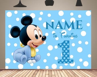 Baby Mickey Backdrop Blue Baby is Turning 1 Banner Kids 1st Birthday Background Decor
