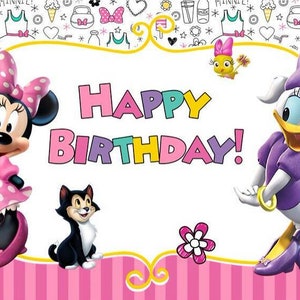 Sfondo fotografico per cartoni animati, sfondo per foto di feste di compleanno per bambini, sfondo per decorazioni per feste per bambini, Topolino e Minnie, nome personalizzato