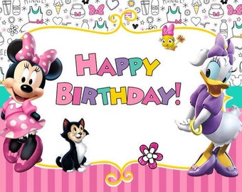 Fondo de cumpleaños de Mickey y Minnie Mouse: Fondo fotográfico de vinilo con nombre personalizado