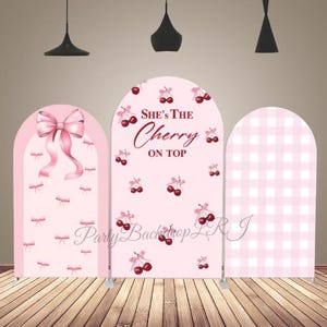 Girl Birthday Party Arch Backdrop Cover Pink Bows Strawberry Chiara Arch Backdrop Pink Grid Baby Shower Photography Background Double-Sided