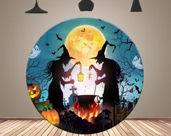 Halloween Witch Round Backdrop Cover Horror Night Cemetery Pumpkin Halloween Party Decoration
