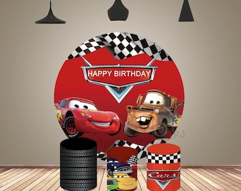 Disney Cars Sfondo rotondo Sfondo per fotografia di compleanno per bambini Copertina per cartoni animati Cerchio Arco Torta Tavolo Cilindro Copertura Decorazione per feste
