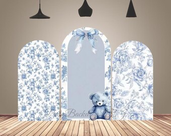 Little Bear Arch Backdrop Cover Blue Flowers Arched Fabric Baby Shower Birthday Party Background Decor