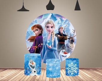 Cartoon Princess Elsa and Anna Round Arch Backdrop Kids Birthday Photography Background Cover Circle Disney Cake Table Cylinder Covers