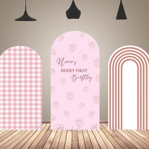 Fondale per arco a strisce rosa fragola, decorazioni per baby shower, festa di compleanno per ragazze, sfondo fotografico per parete ad arco Chiara, su entrambi i lati