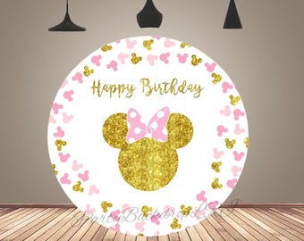 Gold Minnie Mouse Head Round Backdrop Cover Baby Shower Happy Birthday Party Decor Background