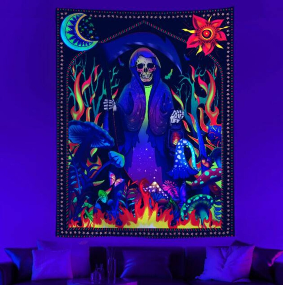 Mushroom Flame Blacklight Hippie Tapestry UV Reactive Skull Art ...