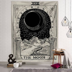 Tarot tapijt, de maan de ster de zon wandtapijt muur opknoping middeleeuws Europa waarzeggerij wit en zwart muur decor