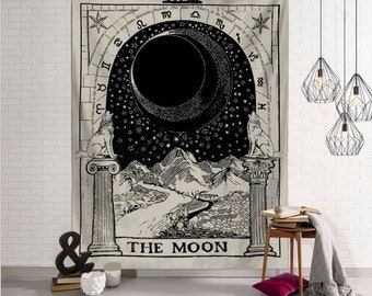 Tapiz de Tarot, La Luna, La Estrella, El Sol, Tapiz para colgar en la pared, Europa medieval, Adivinación, Decoración de pared en blanco y negro