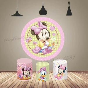 Fondo redondo rosa de Minnie Mouse para fotografía de cumpleaños de niños, cubierta de dibujos animados, círculo, pastel, mesa, cilindro, decoración de fiesta