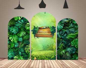 Tropical Jungle Arch Backdrop Forest Green Leaves Arch Covers Kids Happy Birthday Photo Background Chiara Arched Wall Party Decorations