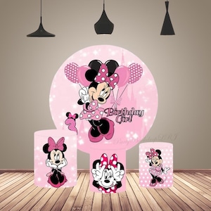 Pink Minnie Mouse Circle Backdrop Cover Baby Girls Birthday Photography Background Round Disney Cartoon Backdrop Cake Table Cylinder Covers