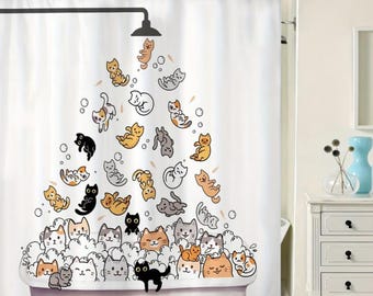 Cute Little Cats Shower Curtain Animal Waterproof Curtains with 12 Hooks Bath Decoration