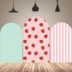 Copertine per fondale ad arco a tema fragola, strisce rosa e bianche, per ragazze, festa di compleanno, Chiara Arch, decorazione per sfondo per fotografia a parete, su entrambi i lati