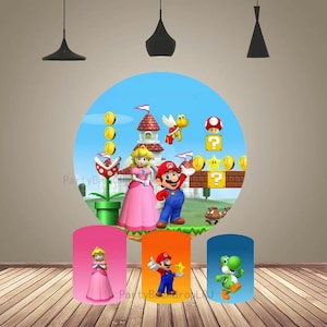 Children Birthday Round Arch Backdrop Cover Super Mario Photography Background Cylinder Covers Kids Photo Backdrop Set Circle Backdrop Decor