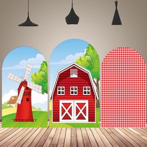 May include: Three arched backdrop panels for a farm-themed party. The left panel features a red windmill with white blades against a blue sky and green trees. The center panel shows a red barn with white windows and a white X pattern on the double doors. The right panel is a red and white gingham pattern.
