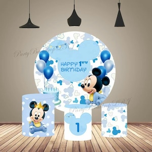 Cartoon Baby Mickey Mouse Ronde Achtergrond Baby Shower Verjaardag Fotografie Achtergrond Cover voor Kids Party Cirkel Taart Tafel Cilinder Cover