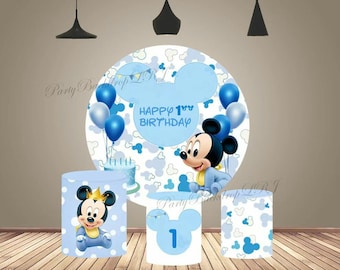 Fondo para el primer cumpleaños de Mickey Mouse: fondo fotográfico redondo y cubiertas cilíndricas