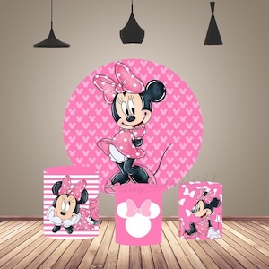 Hot Pink Disney Minnie Mouse Arch Backdrop Cover Baby Girls Birthday Photography Background Cartoon Circle Poster Cake Table Cylinder Cover