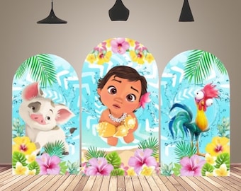 Arco de princesa Moana: fondo fotográfico de doble cara para fiesta de cumpleaños.