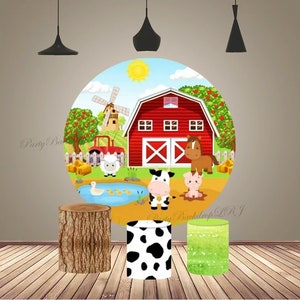 Fondo de arco redondo de granero de granja, fondo para fotografía de primer cumpleaños de bebé, fondo con animales, círculo, pastel, mesa, cubierta cilíndrica, decoración de fiesta