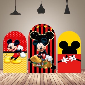 Dubbelzijdige Mickey Mouse Arch Cover voor Kids Birthday Party Disney Cartoon Arch Achtergrond Cover Rood Geel Chiara Arch Fotografie Banner