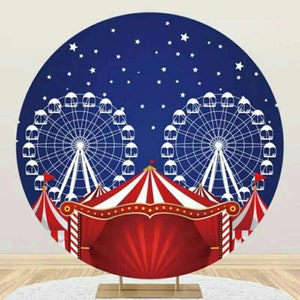 Stars Blue Round Backdrop Cover Circus Circle Photography Backdrop Photo Background Birthday Party Decor Photo Studio Props Custom Any Text