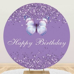 Purple Butterfly Round Backdrop Cover Baby Shower Birthday Party Photography Backdrop for Girls Photo Background Wall Party Supplies