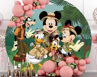 Safari Mickey Minnie Mouse Round Arch Backdrop Cover Disney Circle Kids Birthday Photography Background Baby Shower Jungle Wild Backdrop