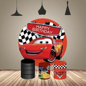 Baby Verjaardag Fotografie Achtergrond Cover Disney Cars Ronde Achtergrond Cartoon Cirkel Boog Taart Tafel Cilinder Cover Party Decoratie: