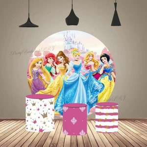 Prinzessin Geburtstag Rundbogen Hintergrund Party Fotografie Hintergrund Abdeckung Cartoon Kreis Kuchen Tisch Zylinder Abdeckung Party Decor