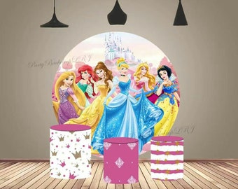 Fondo de arco redondo para cumpleaños de princesa, fondo para fotografía de fiesta, cubierta de dibujos animados, círculo, pastel, mesa, cubierta cilíndrica, decoración para fiesta