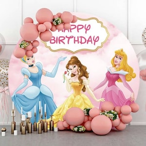 Cartoon Princess Round Backdrop Cover Girls Birthday Photography Backdrop Wall Children Photo Background Polyester Party Decoration