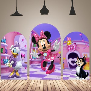 Sfondo ad arco a tema cartone animato Minnie e Margherita per ragazze, compleanno, baby shower, arredamento, fiocco, gatto Chiara, sfondo fotografico, bifacciale