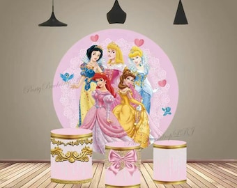 Fondo redondo de princesa de dibujos animados para baby shower, fondo para fotografía de cumpleaños de niñas, fondo para fiesta infantil, círculo para pastel, mesa, cubierta cilíndrica