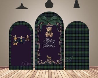 Bear Green Plaid Arch Backdrop Cover Chiara Arch Backdrop Double-Sided Party Photography Background