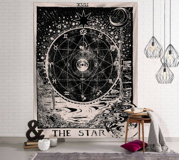 Tarot Tapestry the Moon the Star the Sun Tapestry Wall Hanging Medieval Europe Divination White and Black Wall Decor Etsy