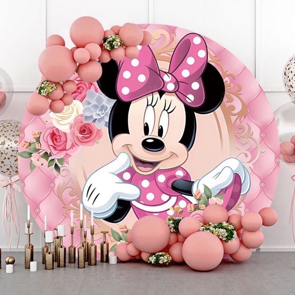 Circle Minnie Mouse Backdrop Cover for Girls Birthday Party Round Cartoon Arch Cover Photo Photography Background Newborn Baby Shower Decor
