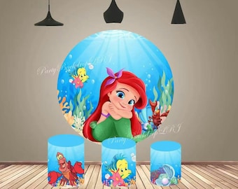 Baby Princess Round Photography Background Cover for Girls Baby Shower Little Mermaid Backdrop Circle Cake Table Cylinder Cover Decor