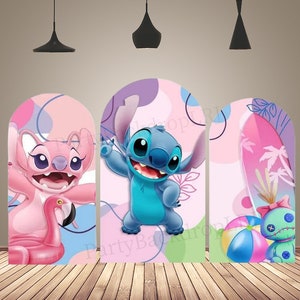 Pink Lilo and Stitch Arch Backdrop Cover Kids Baby Shower Birthday Party Decoration Cartoon Chiara Arched Wall Background Doubleside Print
