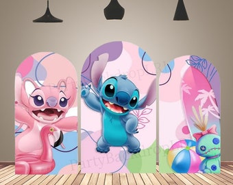 Pink Lilo and Stitch Arch Backdrop Cover Kids Baby Shower Birthday Party Decoration Cartoon Chiara Arched Wall Background Doubleside Print