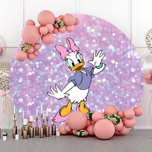 Purple Daisy Duck Circle Backdrop Cover for Girls Birthday Round Cartoon Arch Cover Photo Photography Background Newborn Baby Shower Decor