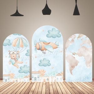 Copertura per fondale ad arco con mongolfiera con orso, per baby shower, stampa su aeroplano, viaggi, avventure, copertura per arco per feste di compleanno da parete, su entrambi i lati