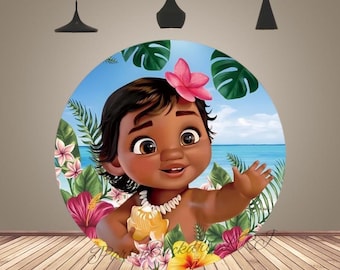 Baby Moana Baby Round Backdrop Cover: Girls Birthday Party Backdrop Photo Booth