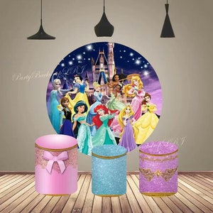 Disney Princess Round Arch Backdrop Party Photography Background Cover Cartoon Hoop Poster Circle Cake Table Cylinder Cover Party Decor