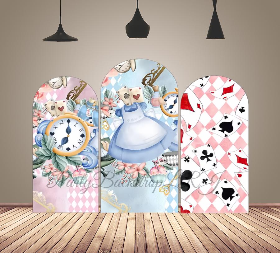 【alice♩】オーダー壁面飾り Alice in Wonderland Backdrop: Arched Clock & Flower Design, Double